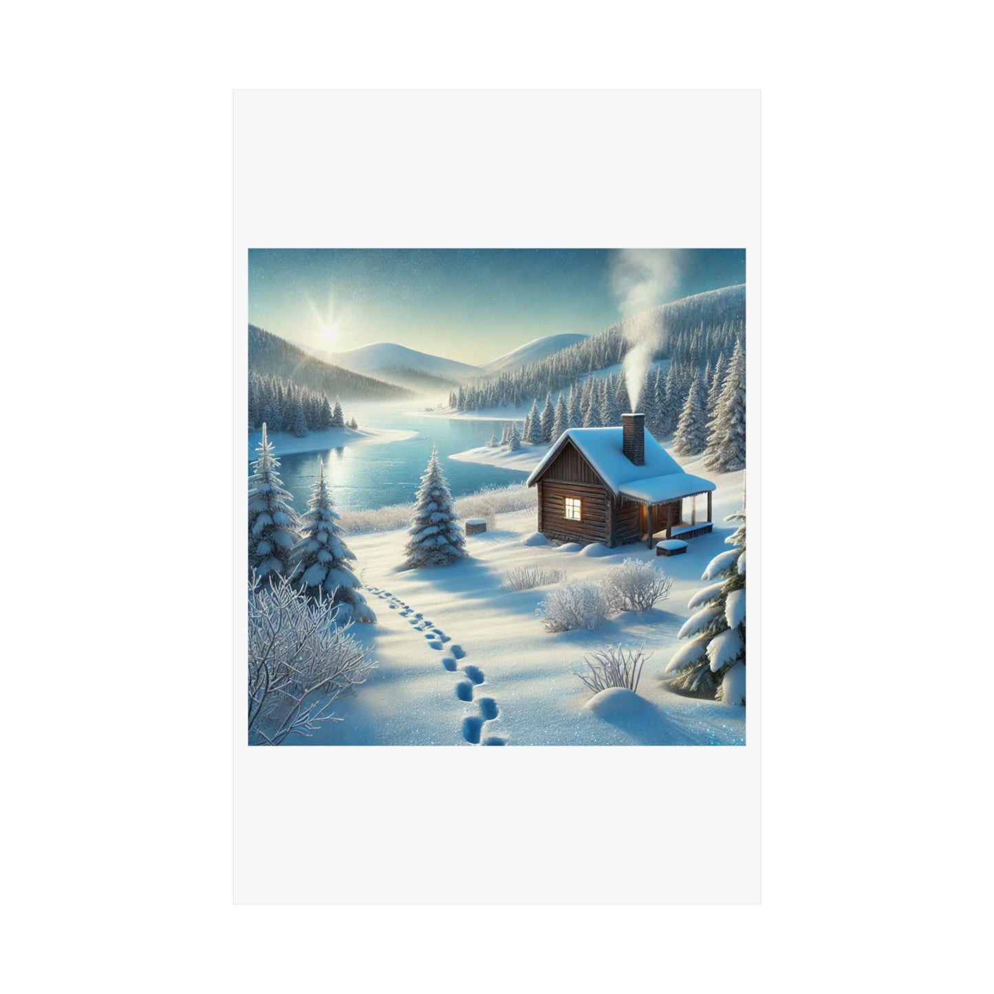 Snowy Cabin Winter Lake Landscape Art Poster