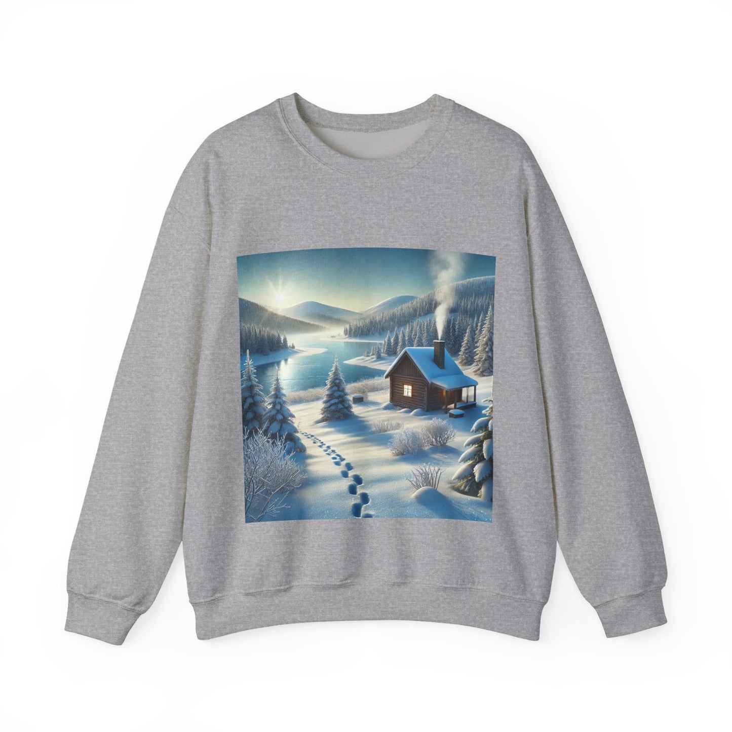 Snowy Cabin Winter Lake Landscape Art Sweatshirt