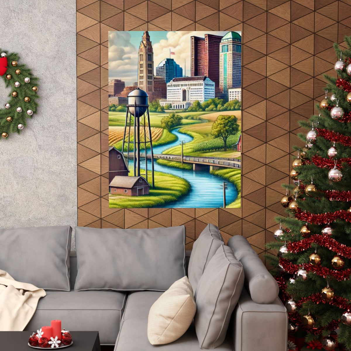 Rural River City Skyline Hometown Landscape Poster Art
