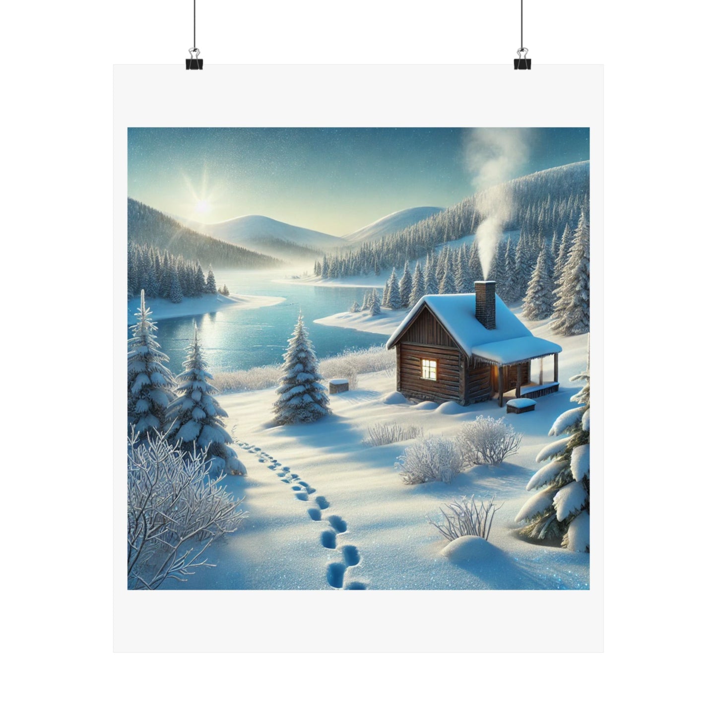 Snowy Cabin Winter Lake Landscape Art Poster