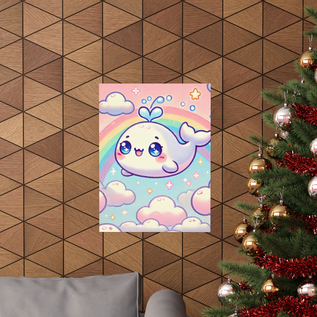 Kawaii Rainbow Whale Pastel Cloud Wall Art Poster