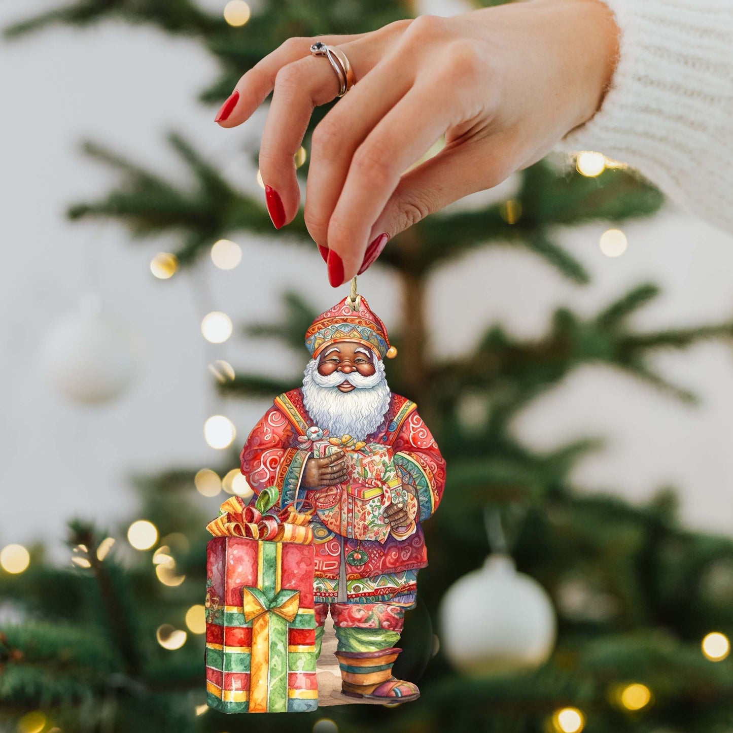 Santas Around the World - African-American Inspired Santa - Eco Wood Ornaments Set of 3 by G. DeBrekht Christmas Santa Snowman Decor - 8091310S3