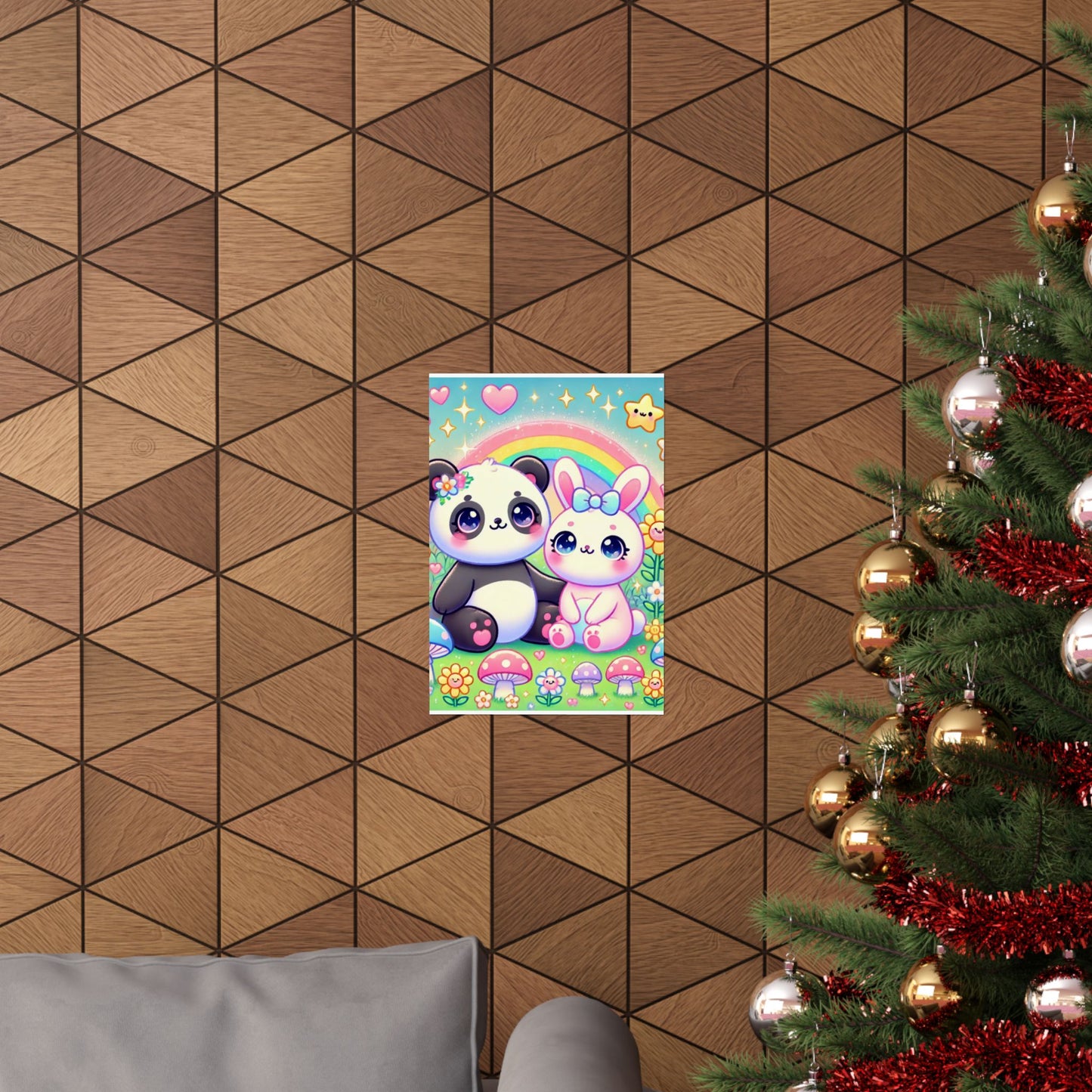 Pastel Panda and Bunny Rainbow Garden Wall Art Poster