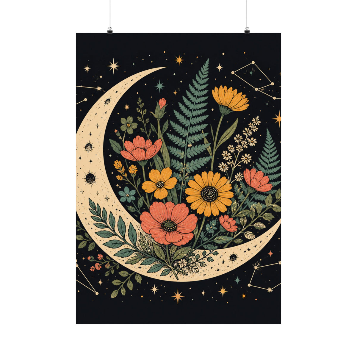 Celestial Wildflower Crescent Moon Botanical Art Poster