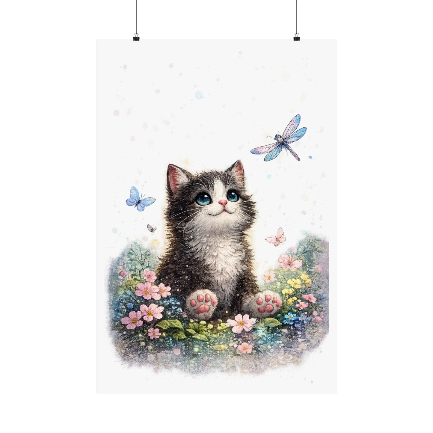Whimsical Kitten Butterfly Garden Art Poster
