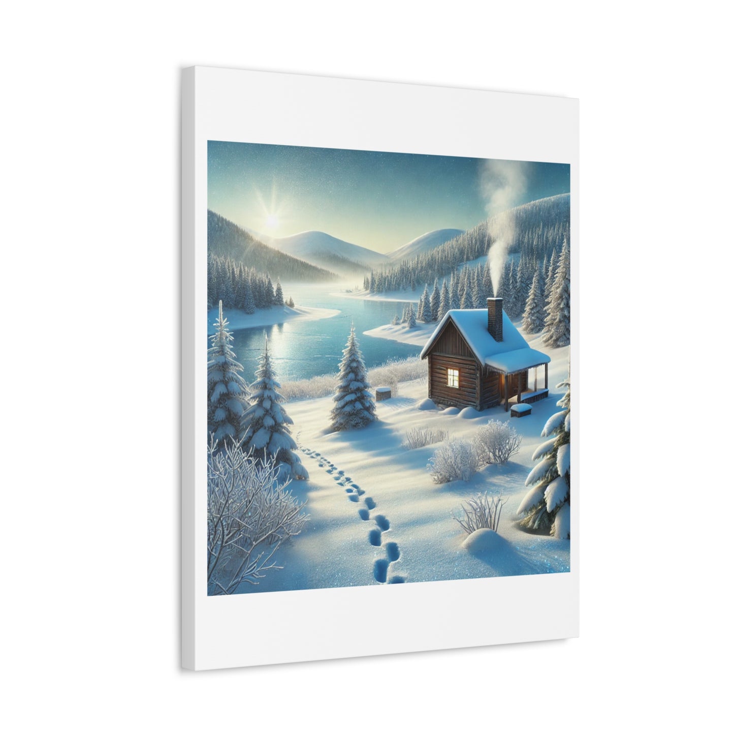 Snowy Cabin Winter Lake Landscape Art Canvas
