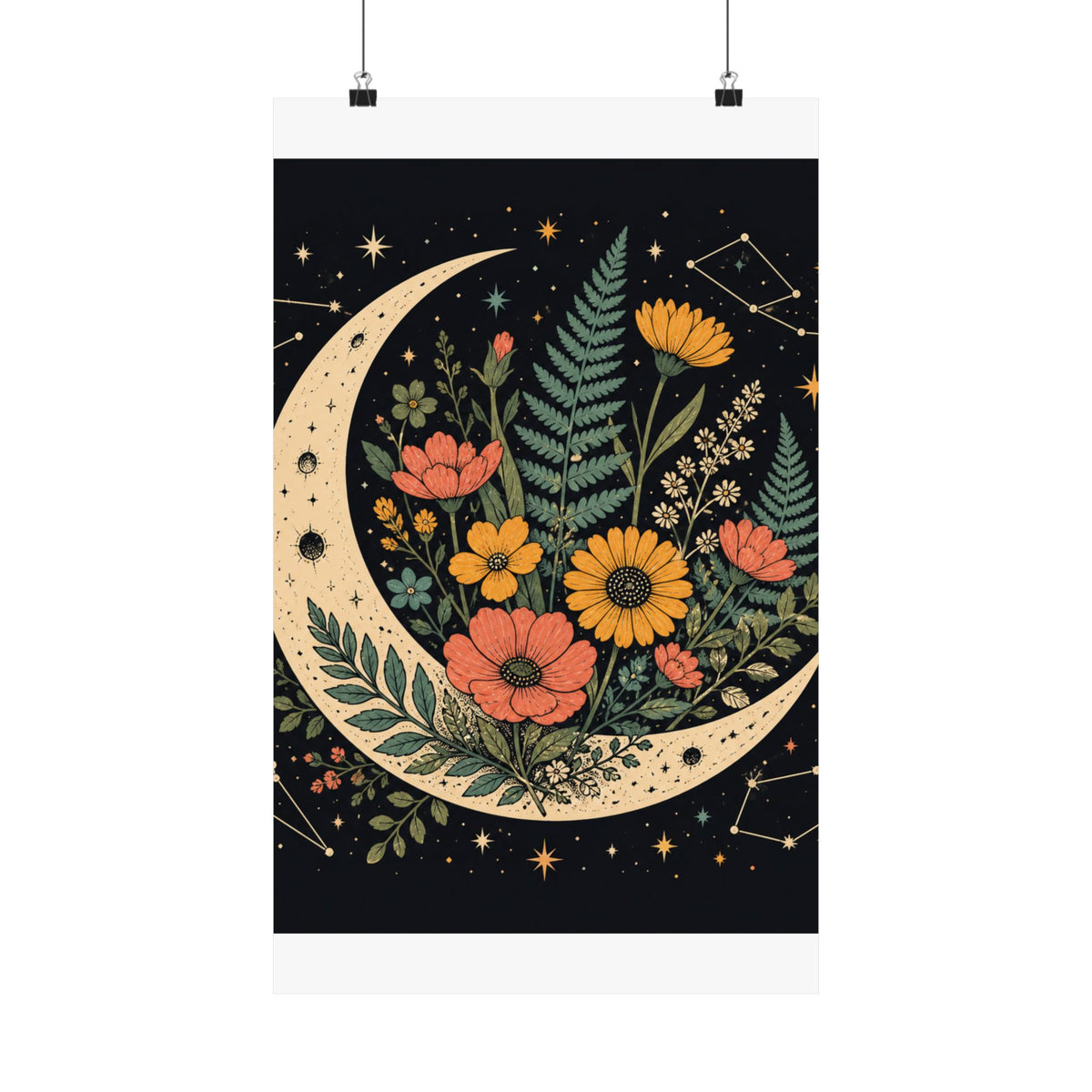 Celestial Wildflower Crescent Moon Botanical Art Poster