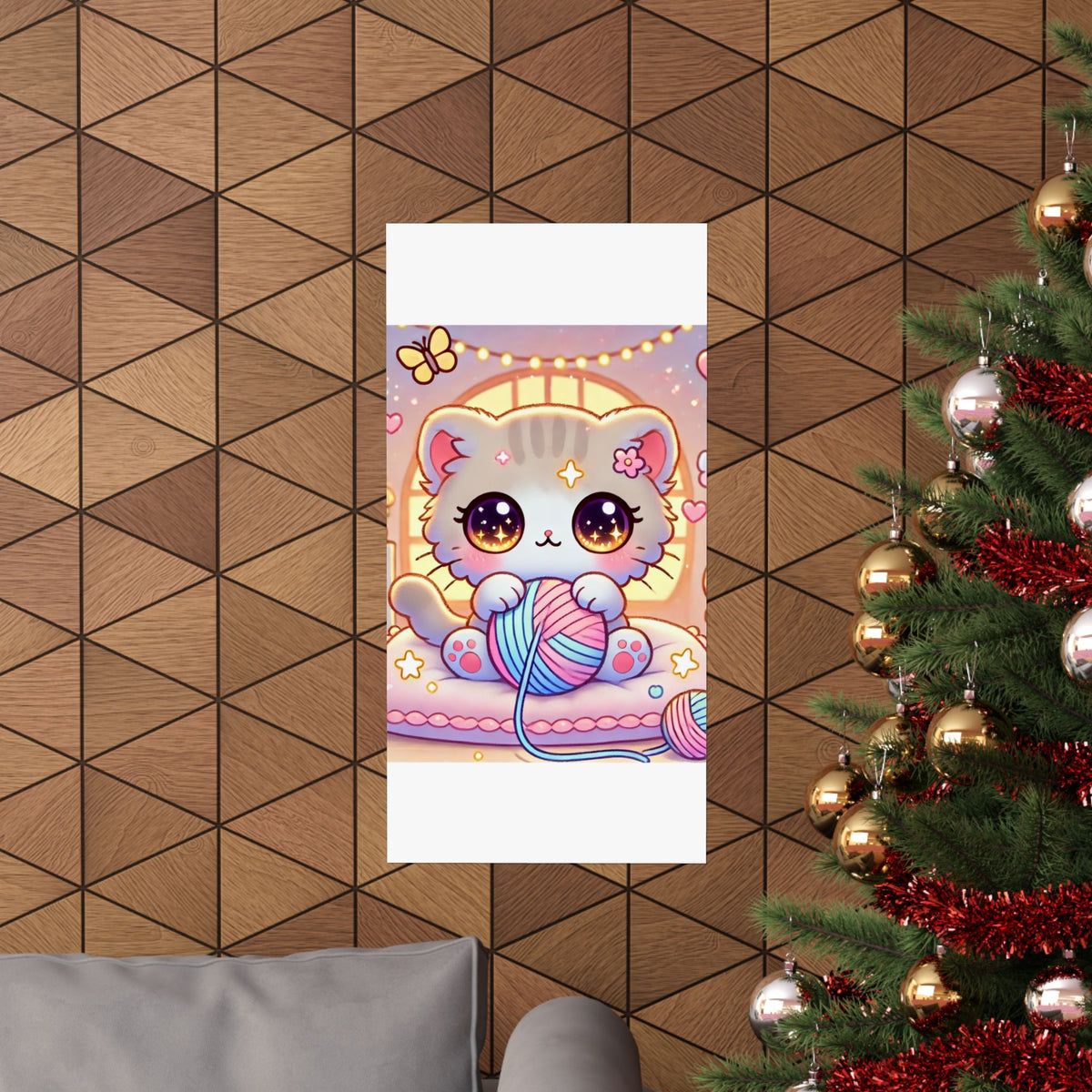 Cozy Kawaii Knitting Cat Pastel Yarn Wall Art Poster