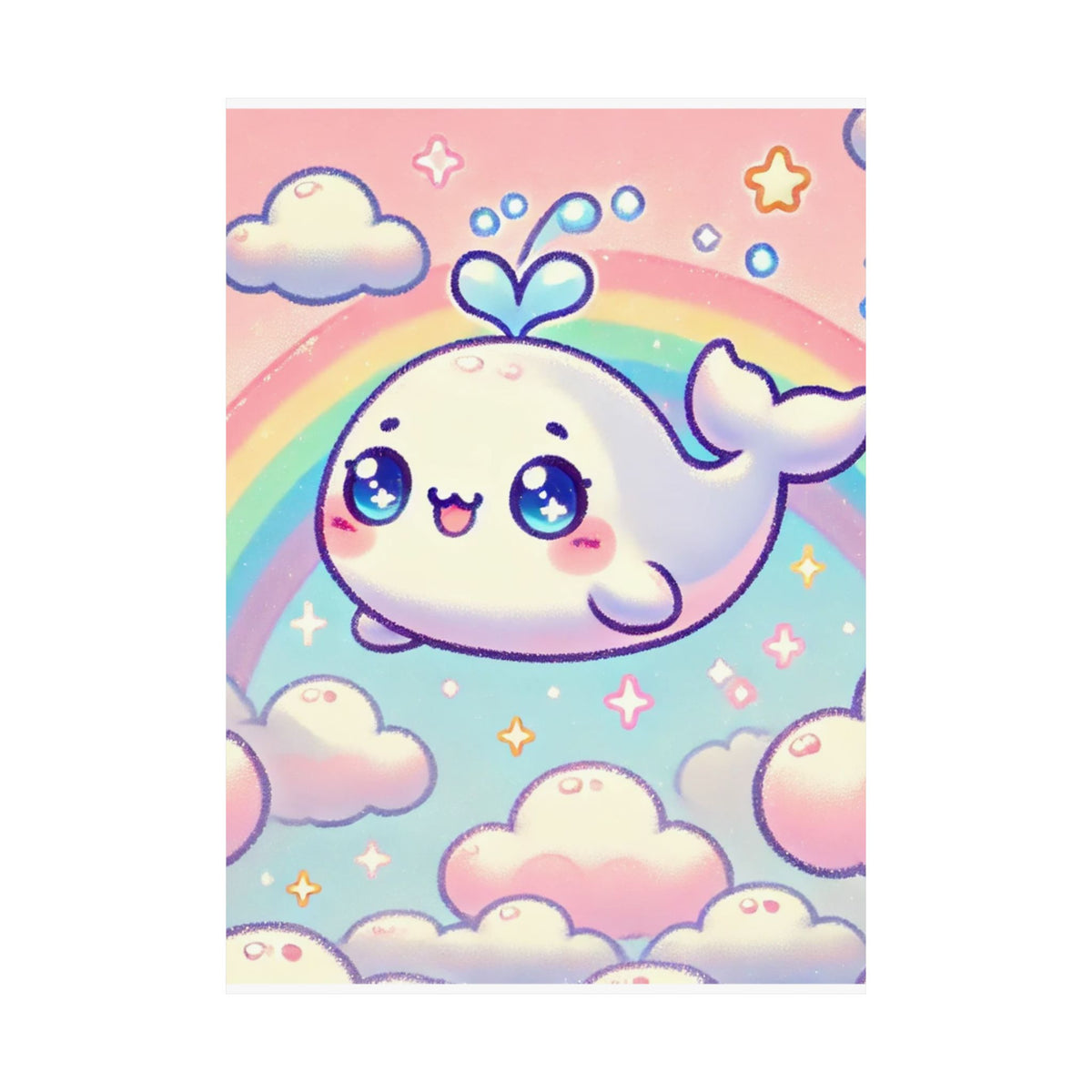 Kawaii Rainbow Whale Pastel Cloud Wall Art Poster