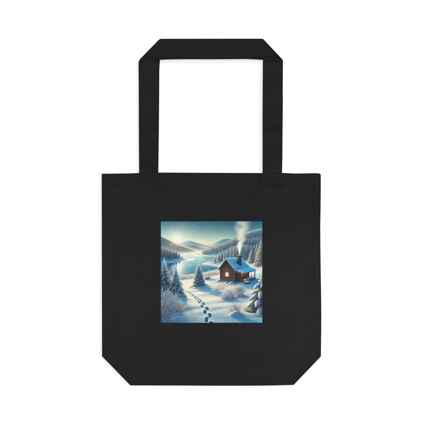 Snowy Cabin Winter Lake Landscape Art Tote Bag