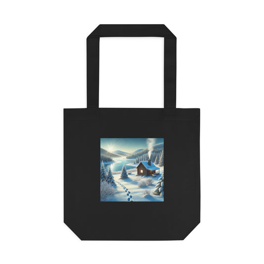 Snowy Cabin Winter Lake Landscape Art Tote Bag