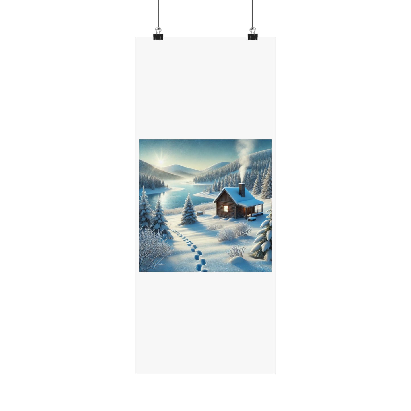 Snowy Cabin Winter Lake Landscape Art Poster