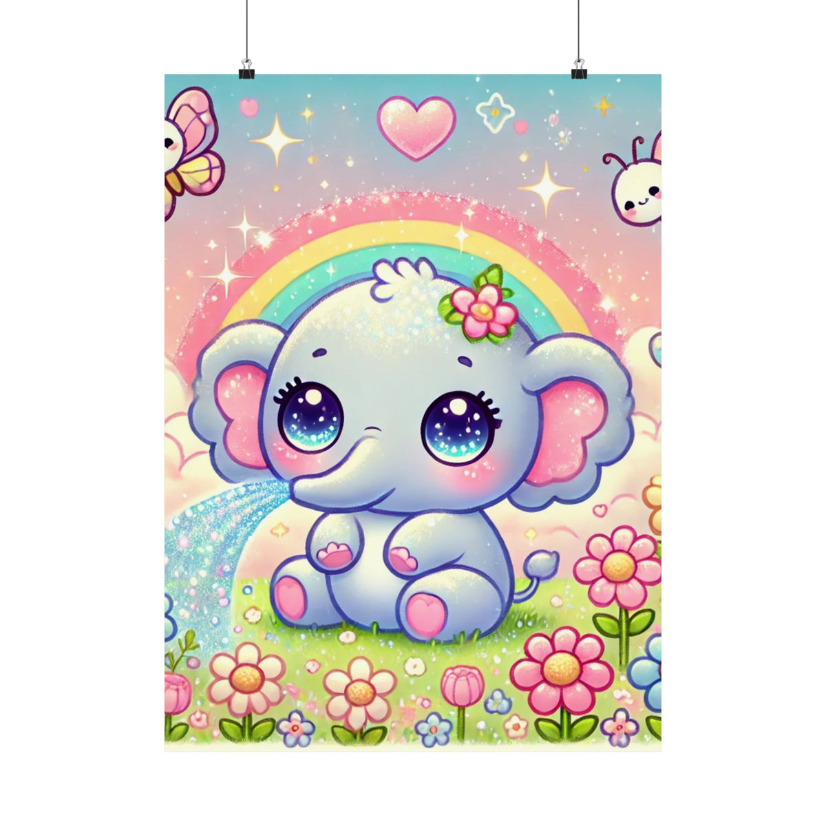 Pastel Rainbow Baby Elephant Floral Wall Art Poster
