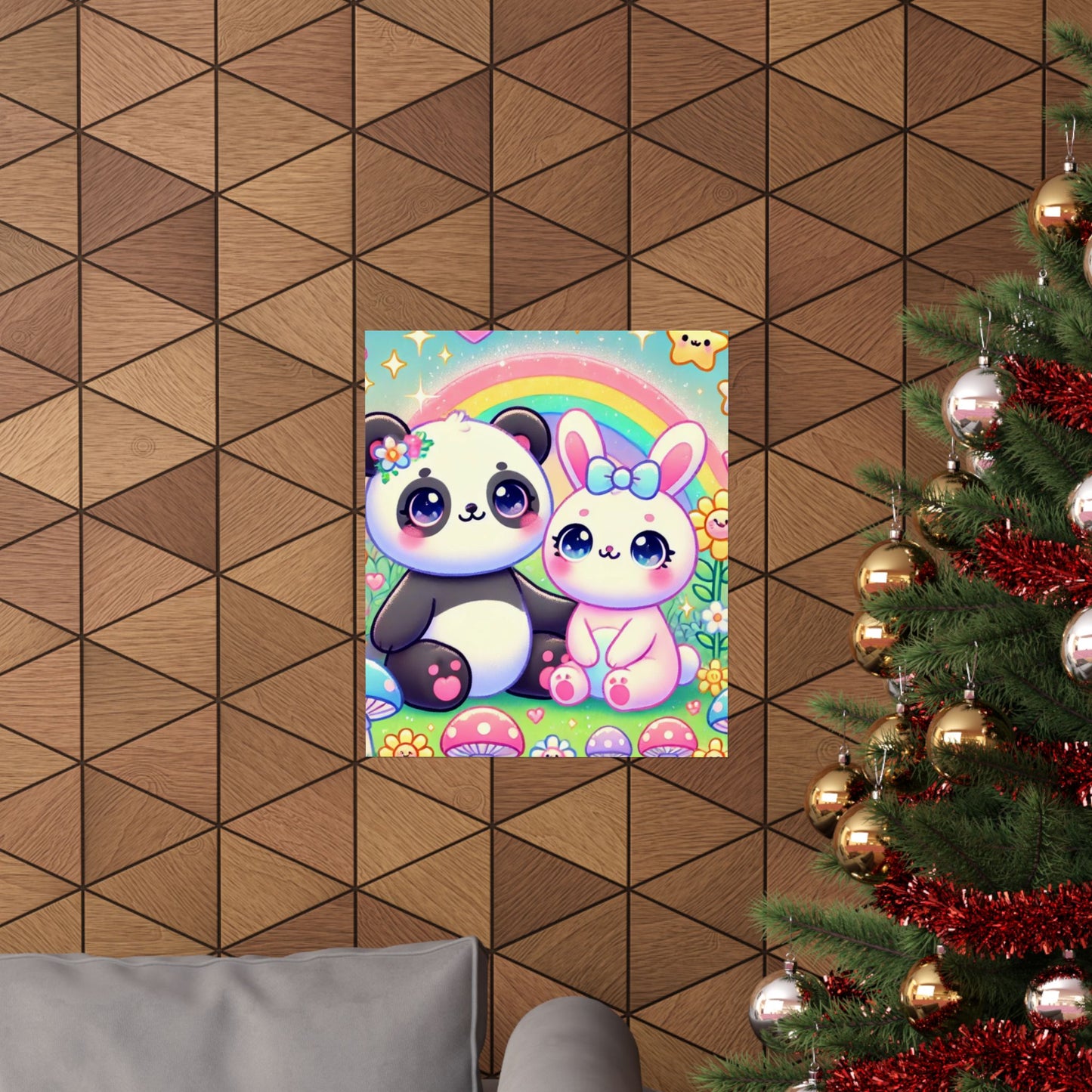 Pastel Panda and Bunny Rainbow Garden Wall Art Poster