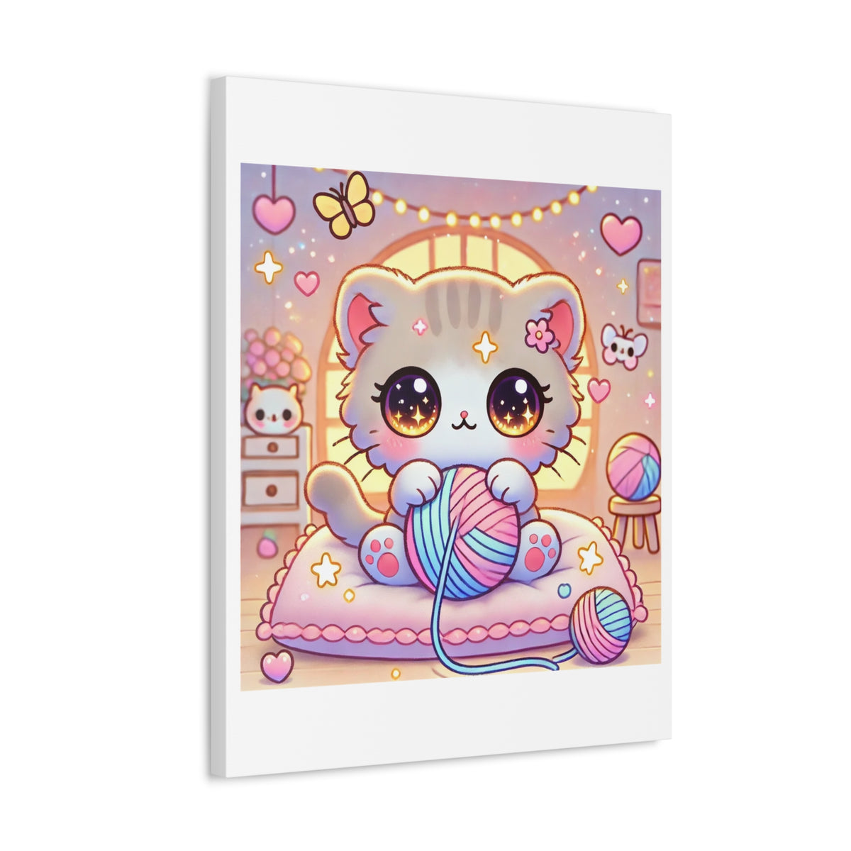 Cozy Kawaii Knitting Cat Pastel Yarn Canvas Wall Art