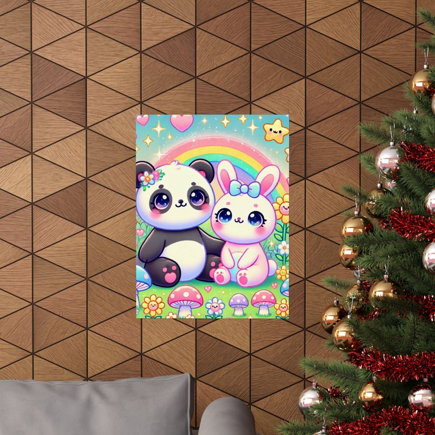Pastel Panda and Bunny Rainbow Garden Wall Art Poster
