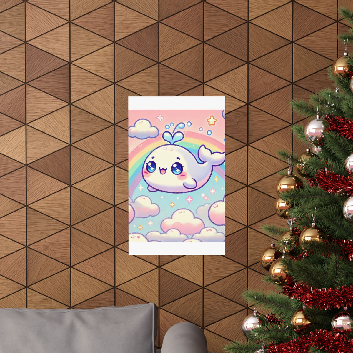 Kawaii Rainbow Whale Pastel Cloud Wall Art Poster