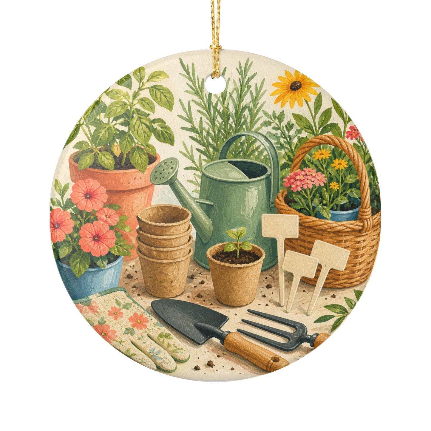 Colorful Gardening Tools and Flowers Hobby Art Ceramic Ornament, Holiday Keepsak