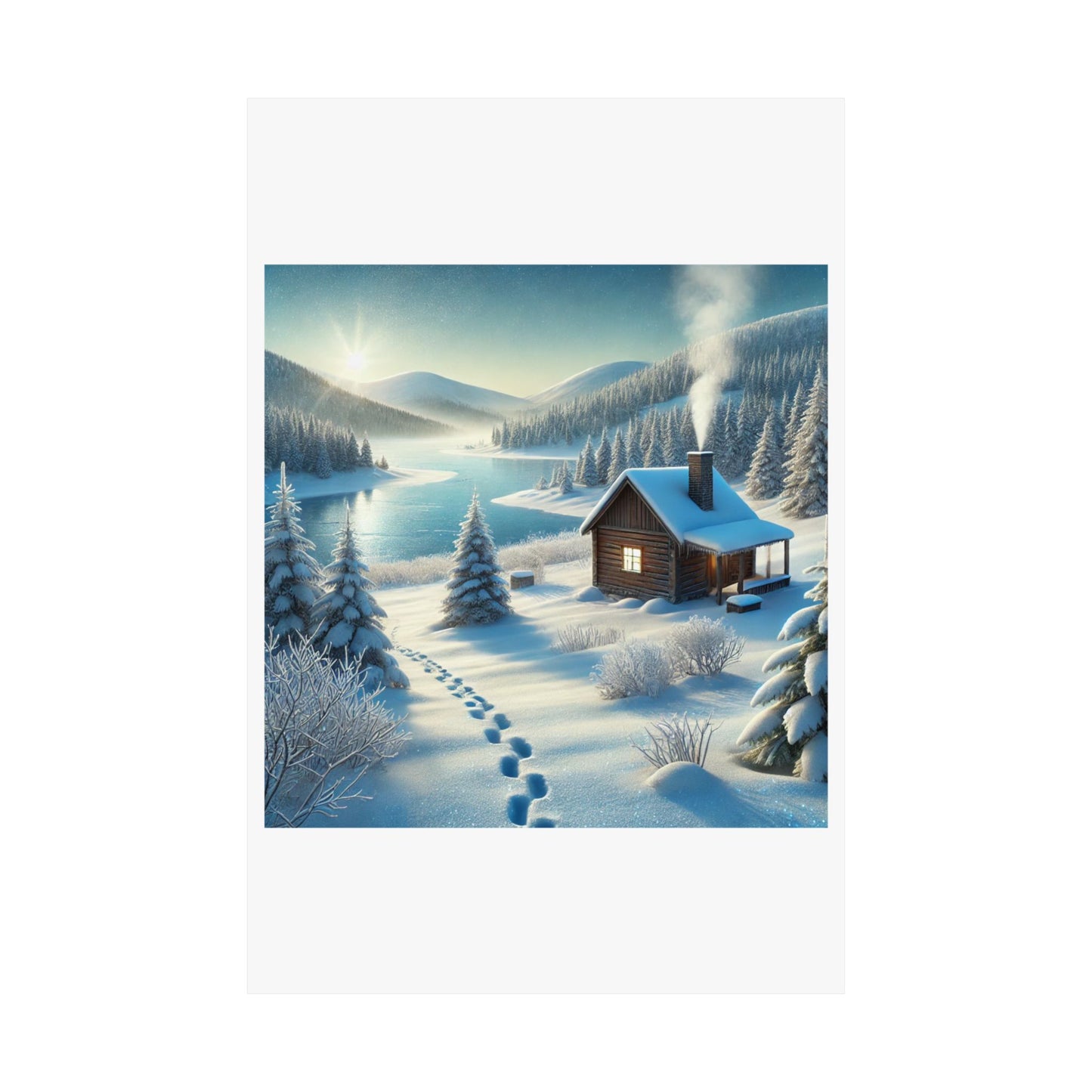 Snowy Cabin Winter Lake Landscape Art Poster