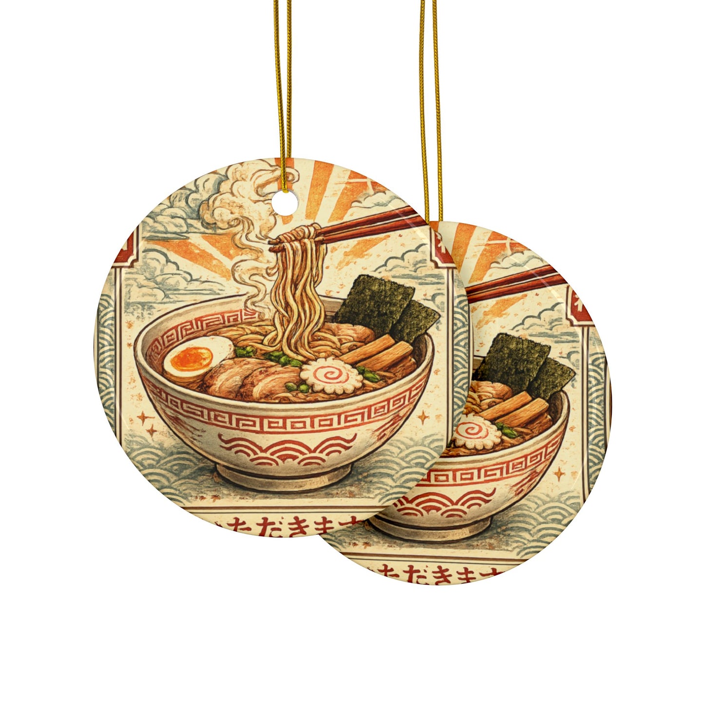 Vintage Ramen Bowl Illustration Ceramic Ornament, Holiday Keepsake and Gift