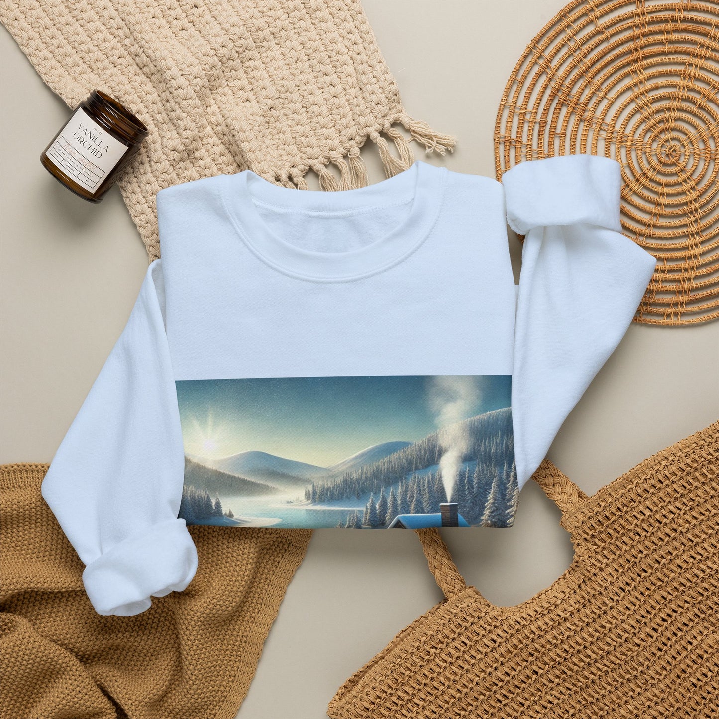 Snowy Cabin Winter Lake Landscape Art Sweatshirt