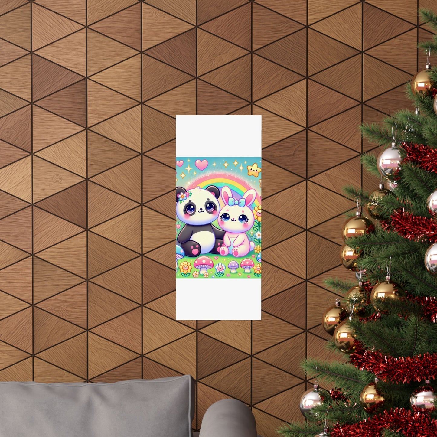 Pastel Panda and Bunny Rainbow Garden Wall Art Poster