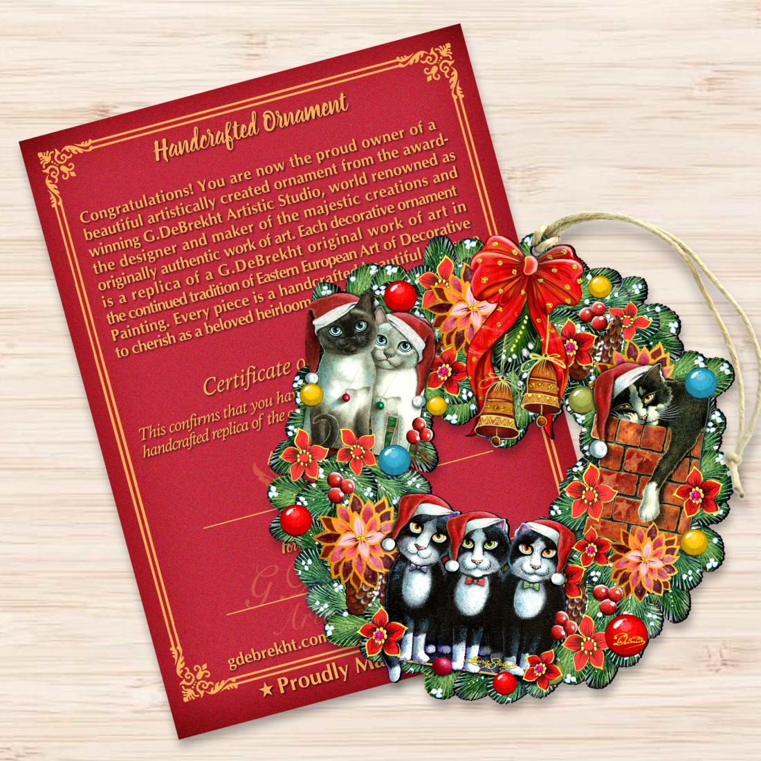 Christmas Friends Kitty Wreath Wooden Ornaments by G. DeBrekht - Pets Dog and Cats Decor - 8185307-5-SL