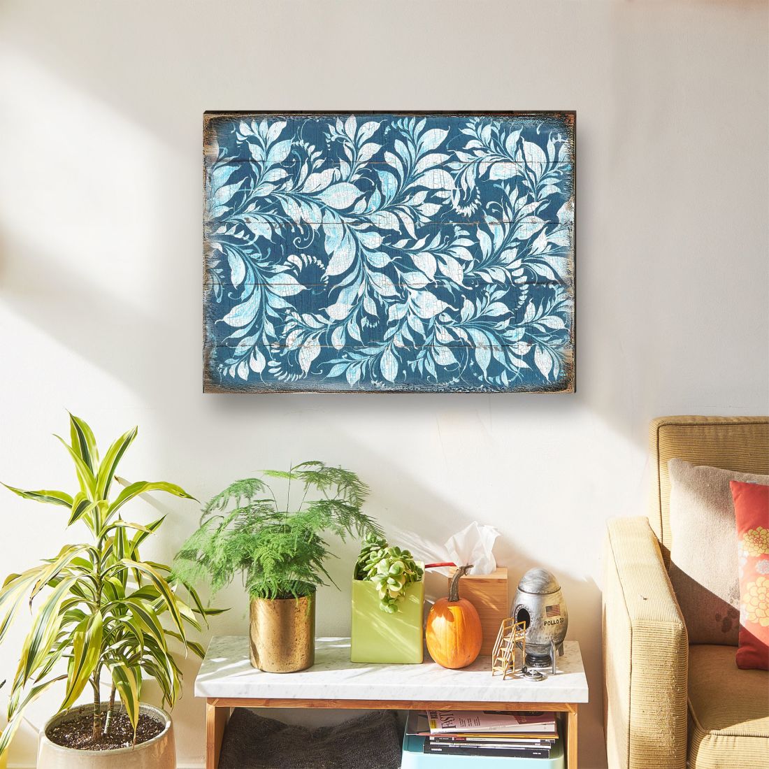 White and Blue Floral Rustic Wooden Wall Art by G. DeBrekht - Floral Ornamental Decor - 95005B