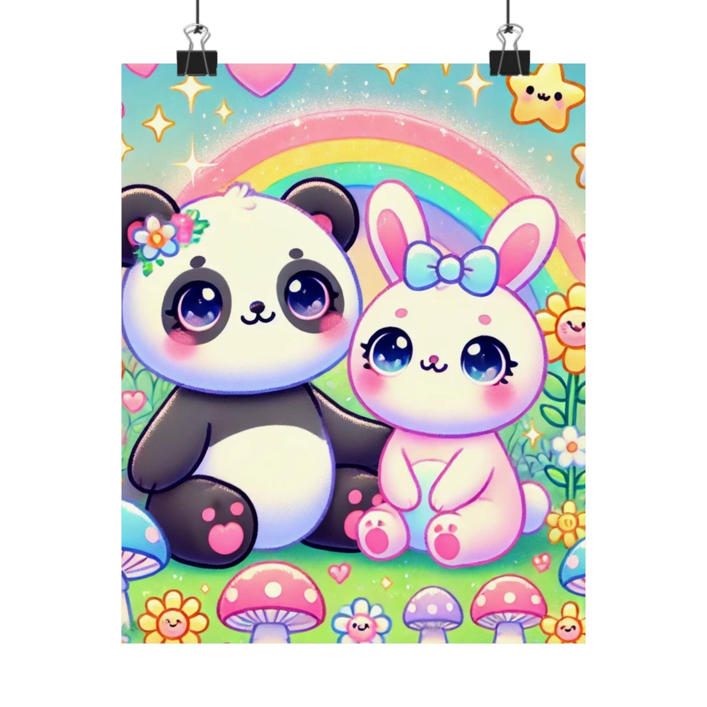 Pastel Panda and Bunny Rainbow Garden Wall Art Poster