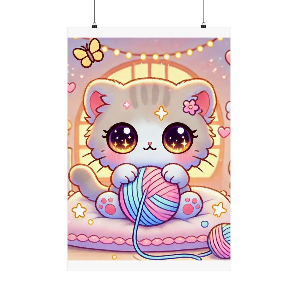 Cozy Kawaii Knitting Cat Pastel Yarn Wall Art Poster