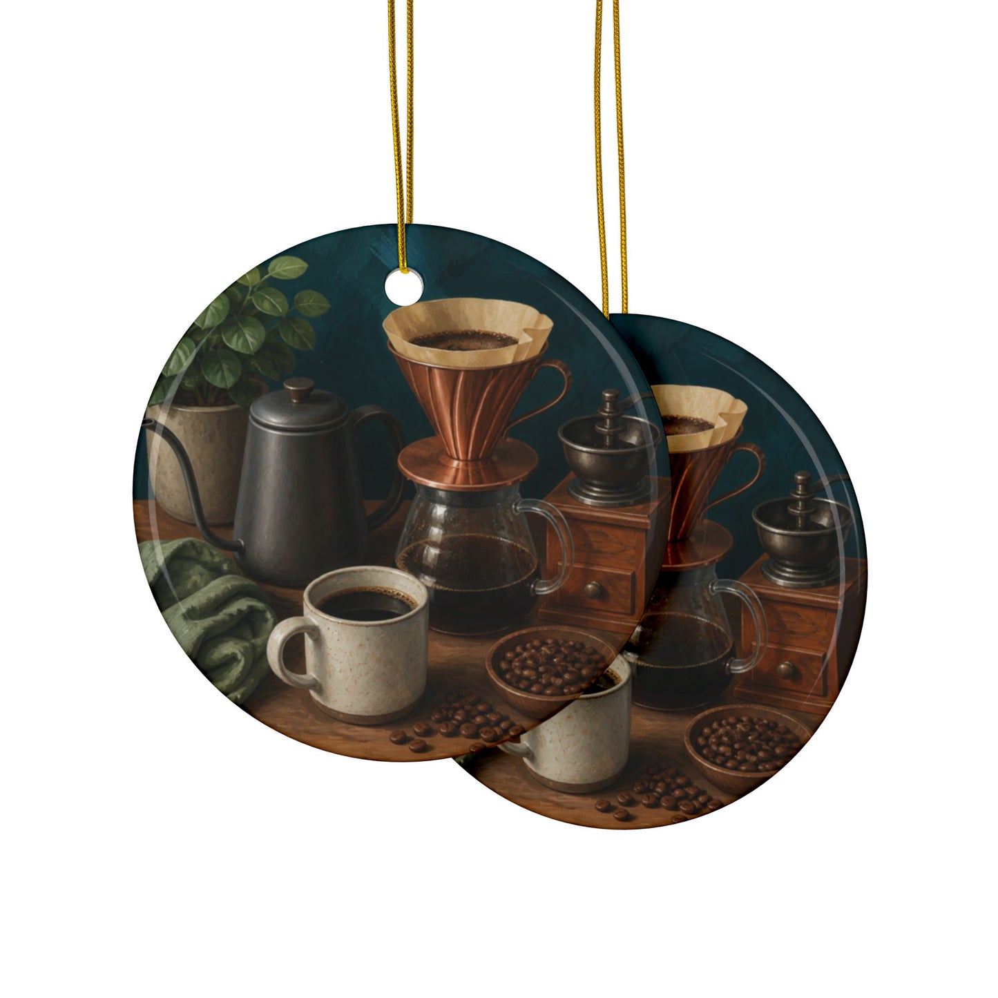 Warm Home Coffee Brewing Art Ceramic Ornament, Holiday Keepsake and Gift