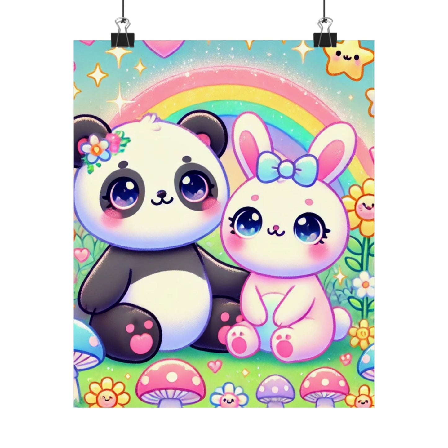 Pastel Panda and Bunny Rainbow Garden Wall Art Poster
