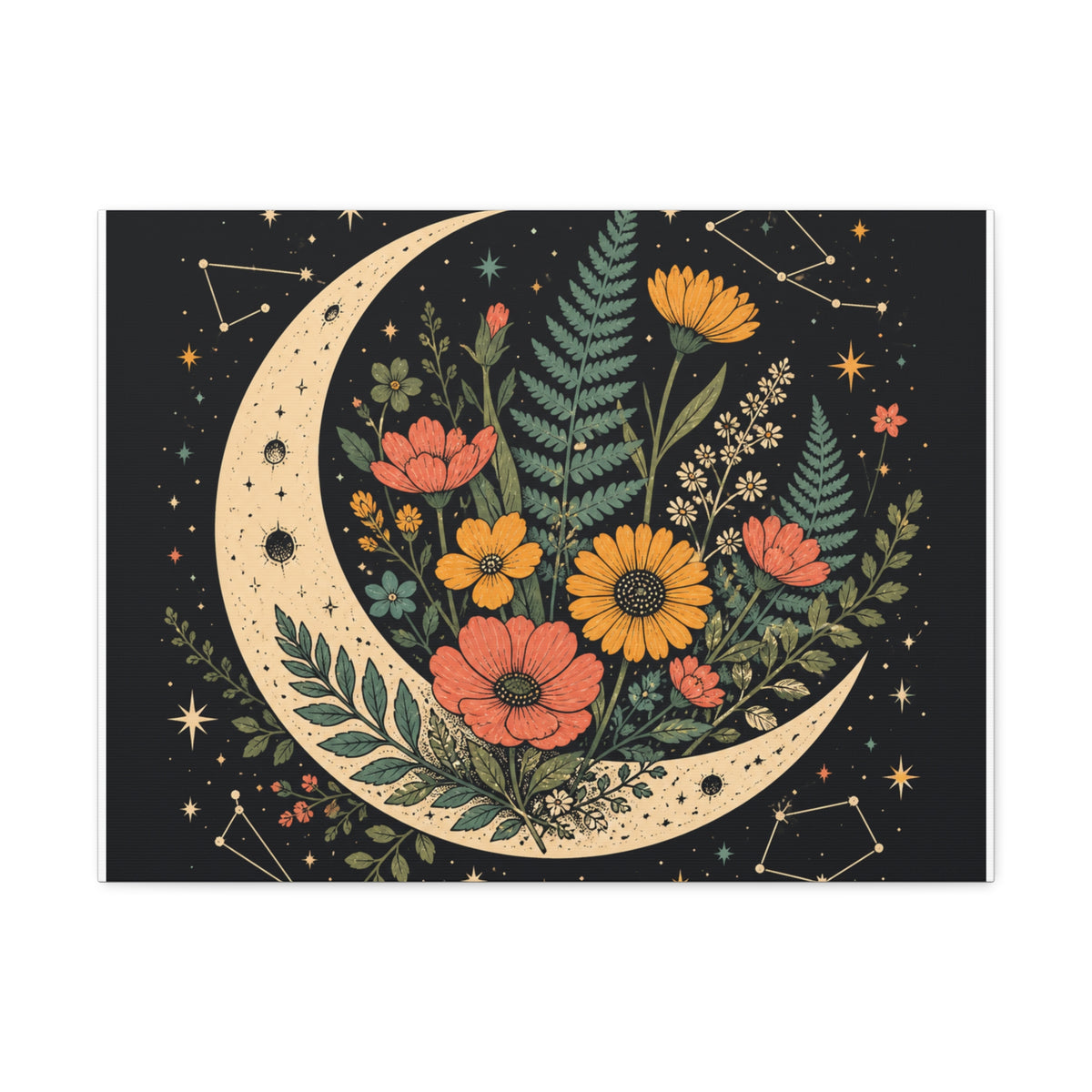 Celestial Wildflower Crescent Moon Botanical Canvas Art