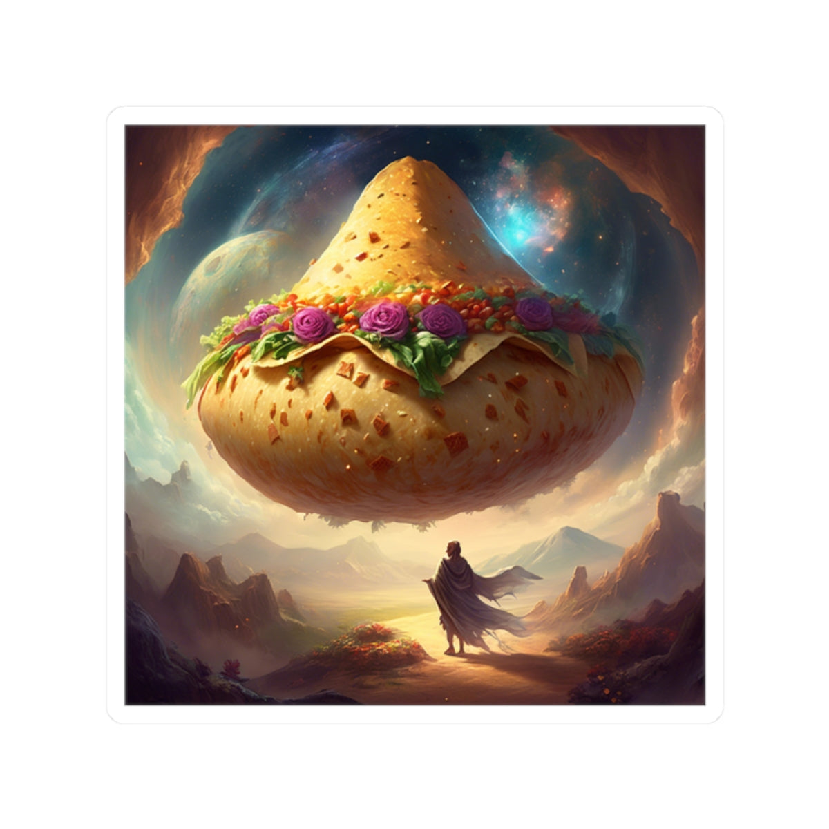 Cosmic Taco Planetoid Surreal Food Fantasy Art Sticker