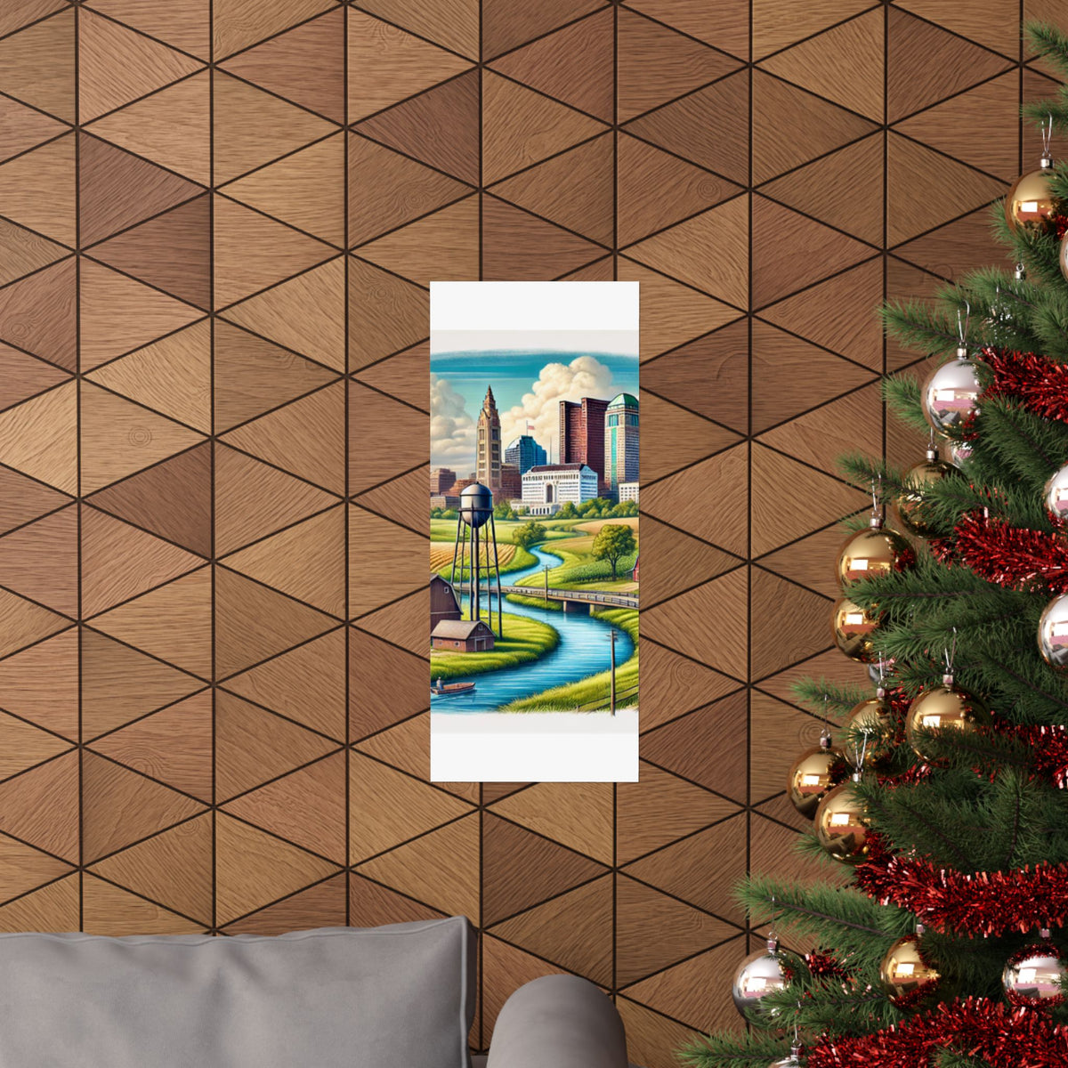 Rural River City Skyline Hometown Landscape Poster Art