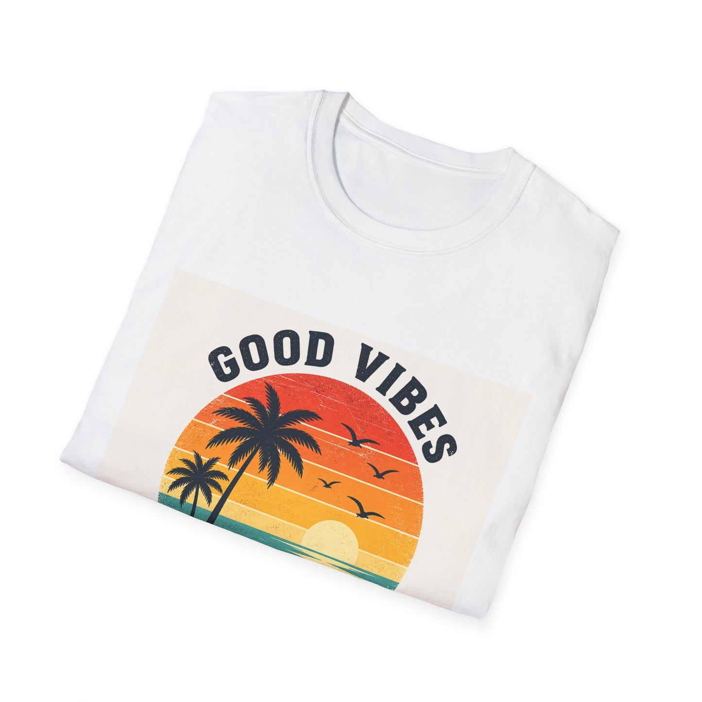 Good Vibes High Tides T-Shirt | Retro Sunset Palm Beach Design