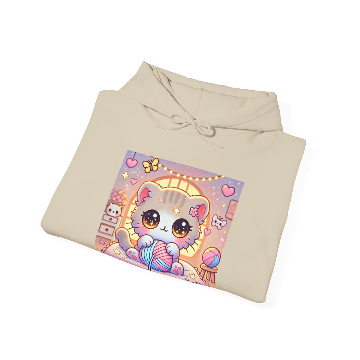 Cozy Kawaii Knitting Cat Pastel Yarn Hoodie