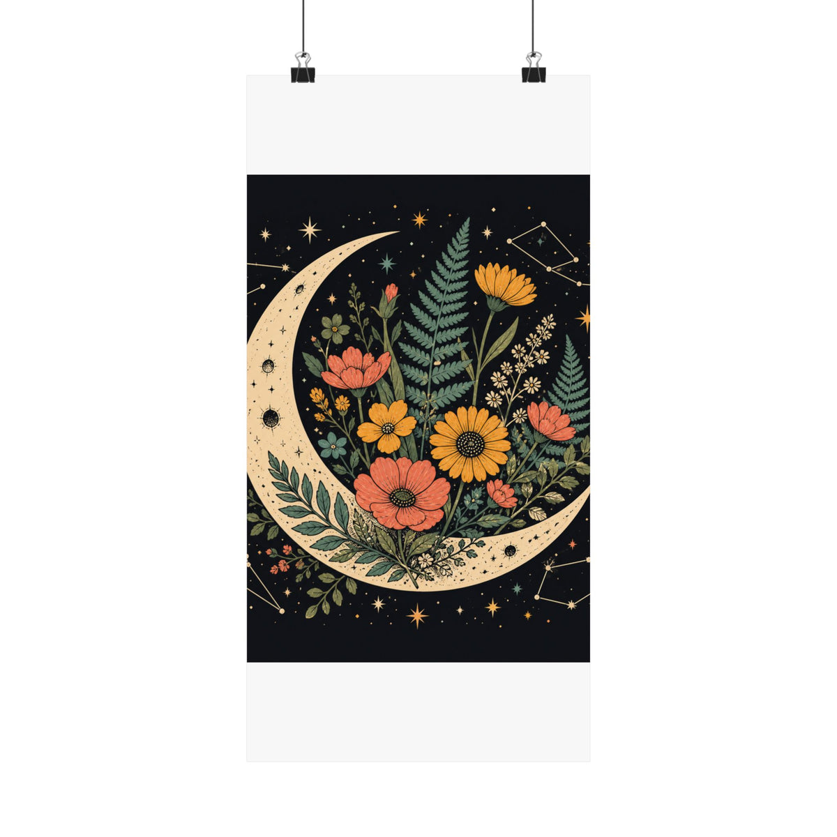 Celestial Wildflower Crescent Moon Botanical Art Poster