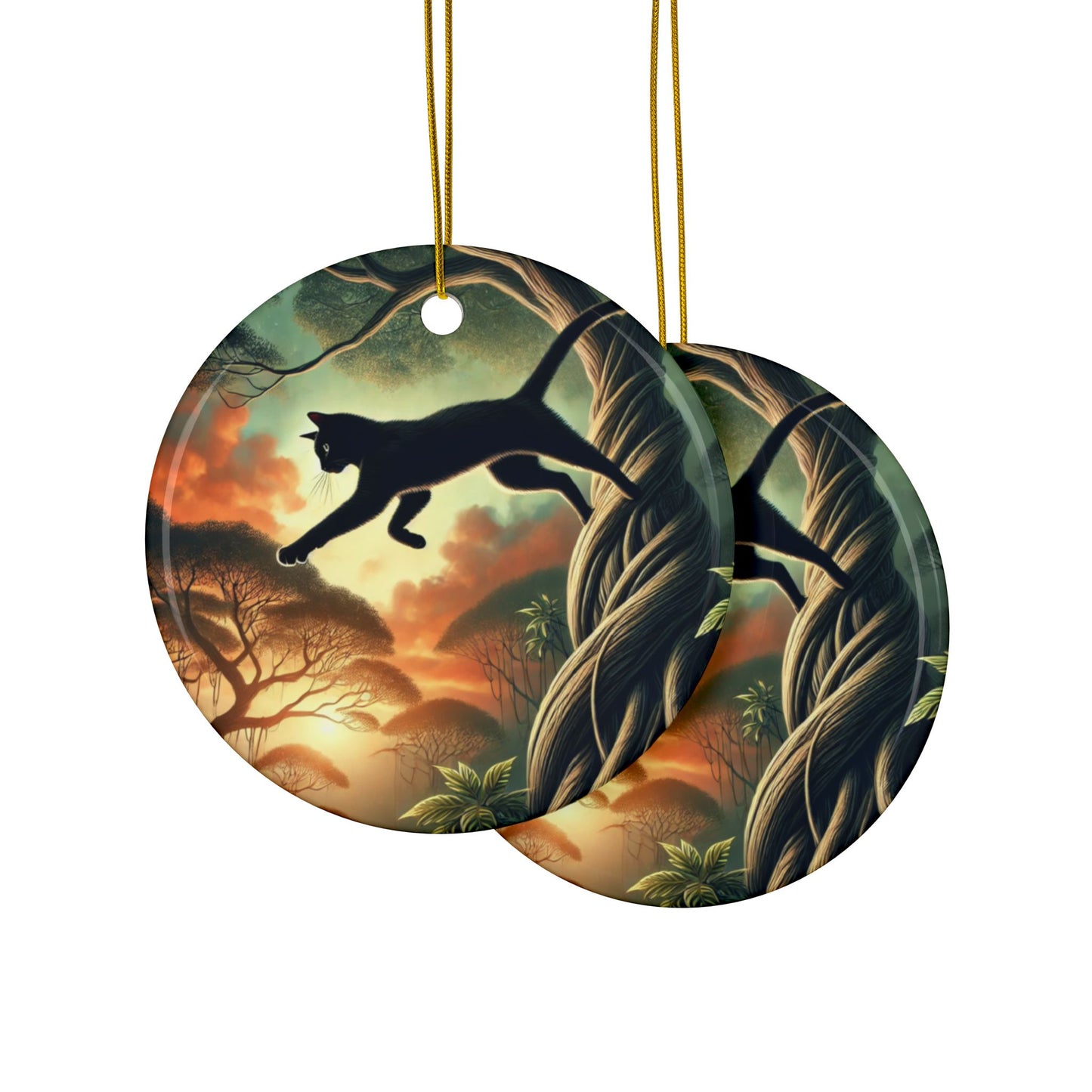 Enchanted Black Cat Forest Ceramic Ornament, Holiday Keepsake and Gift