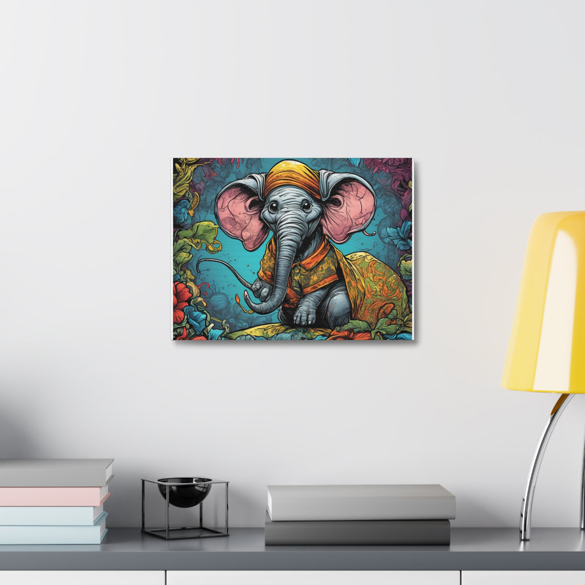 Colorful Storybook Elephant Floral Garden Canvas Wall Art