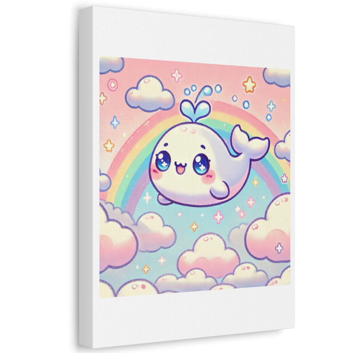 Kawaii Rainbow Whale Pastel Cloud Canvas Wall Art