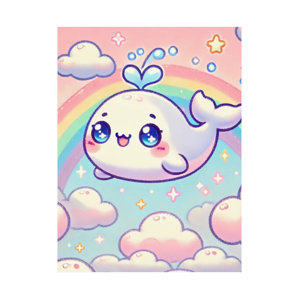 Kawaii Rainbow Whale Pastel Cloud Wall Art Poster