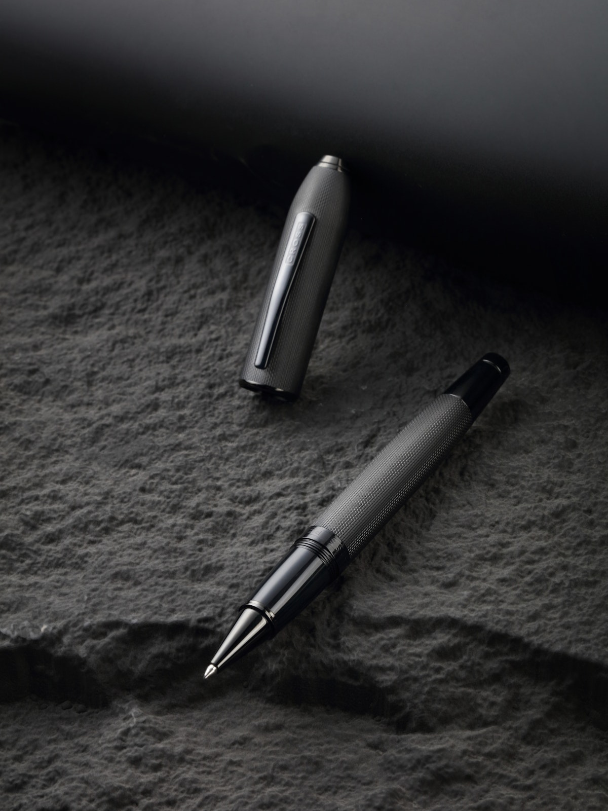 Peerless™ Polished Black PVD Engraved Diamond Pattern with Black PVD Appointments and Swarovski Crystal Rollerball Pen