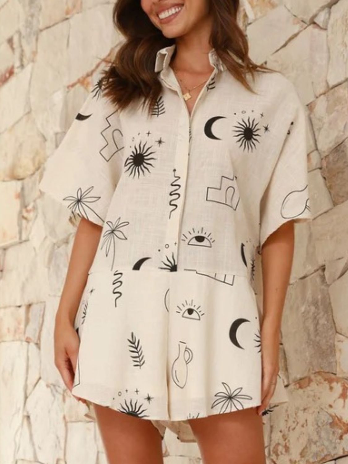 Printed Collared Neck Half Sleeve Romper