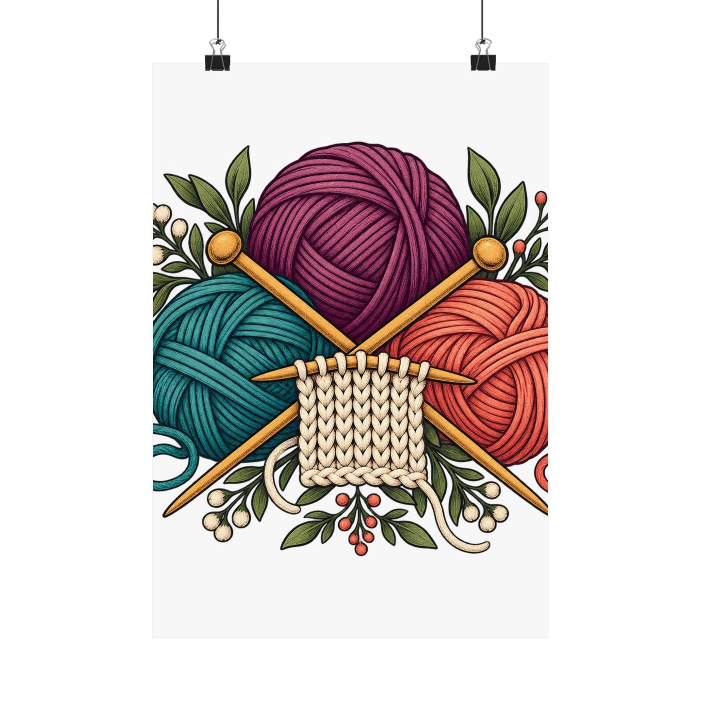 Retro Yarn and Knitting Botanical Art Poster