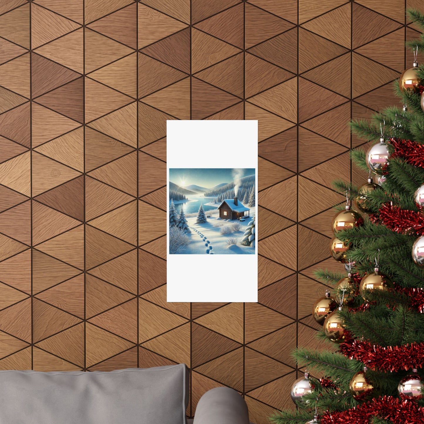 Snowy Cabin Winter Lake Landscape Art Poster