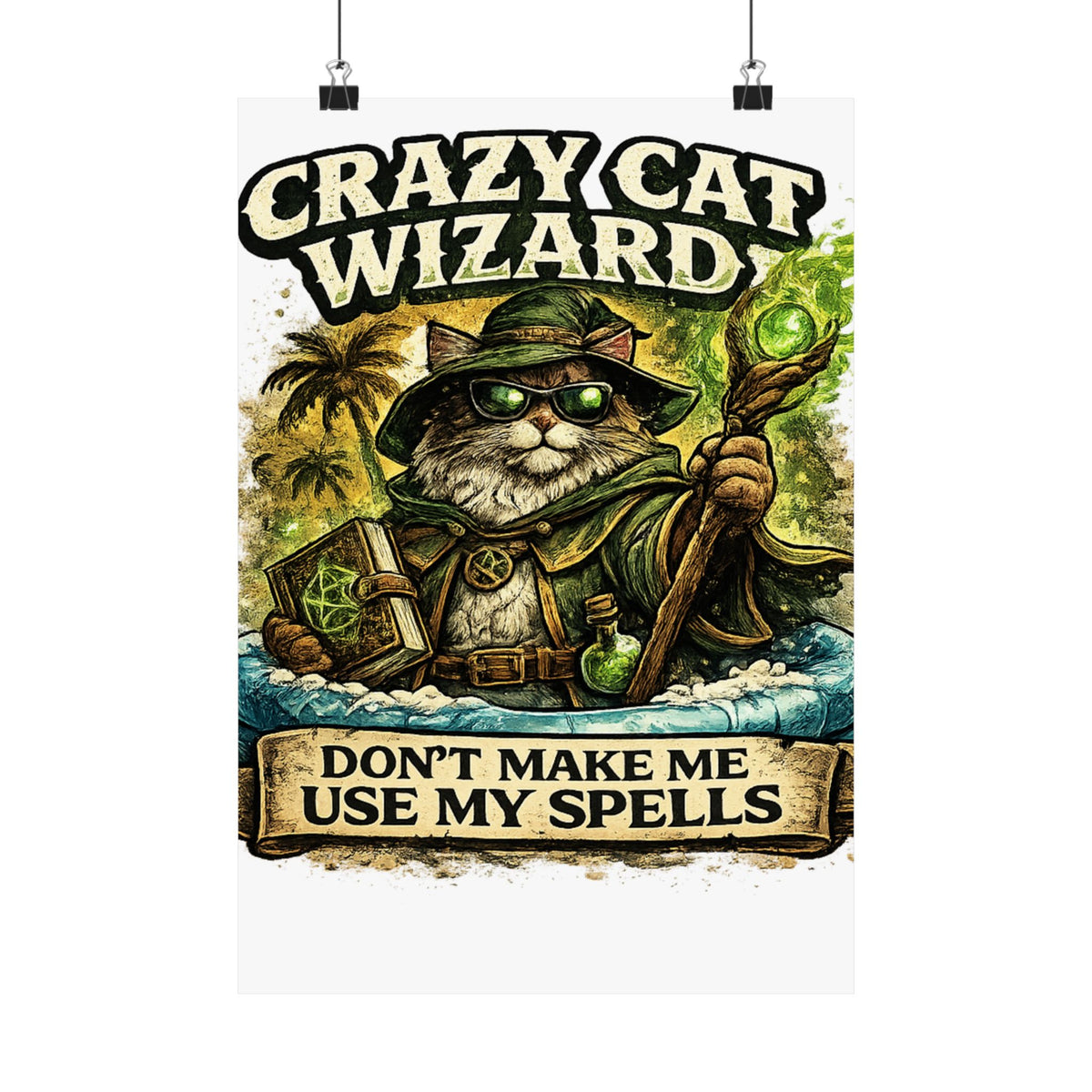 Crazy Cat Wizard Funny Fantasy Magic Art Poster