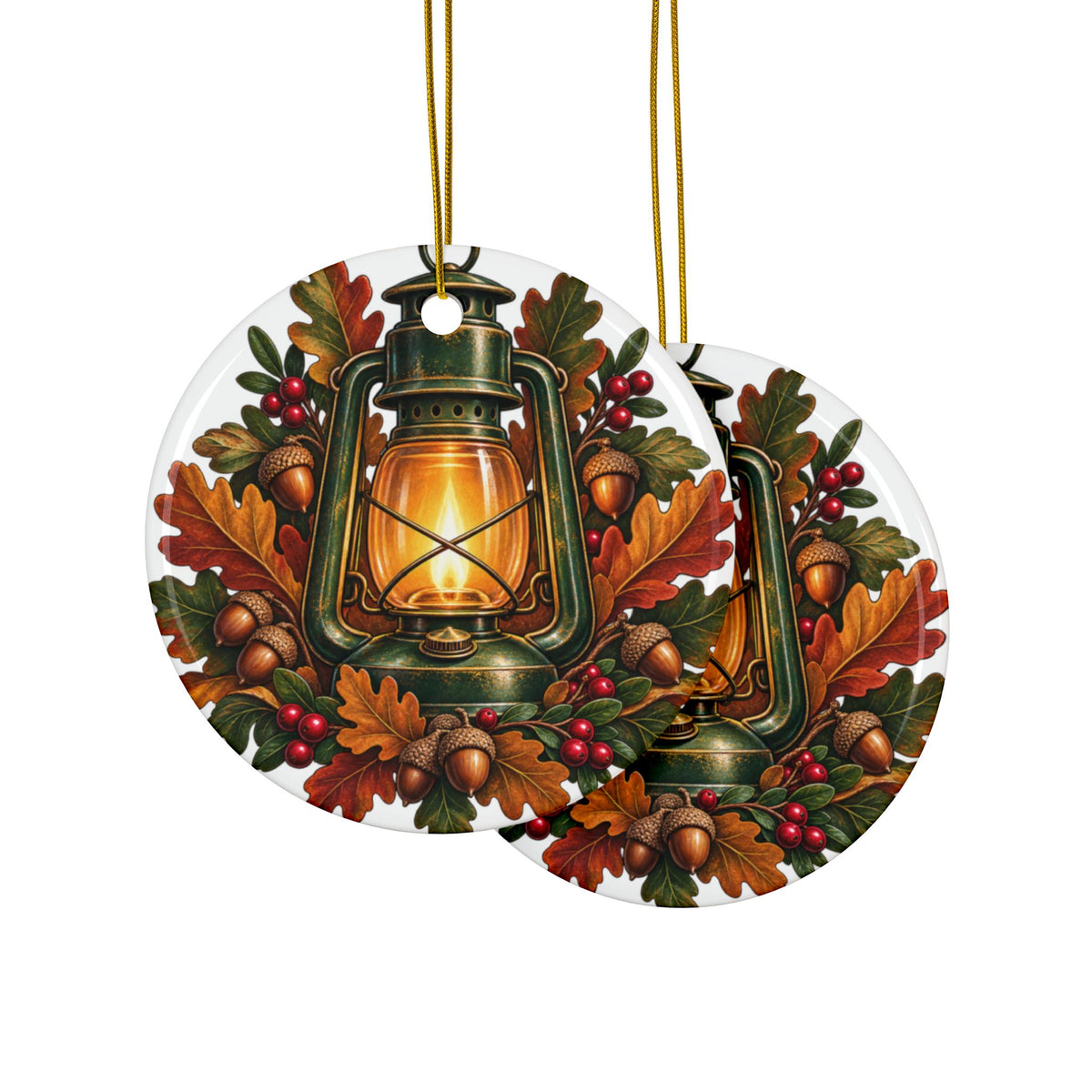Autumn Oak Lantern and Acorns Round Ornament