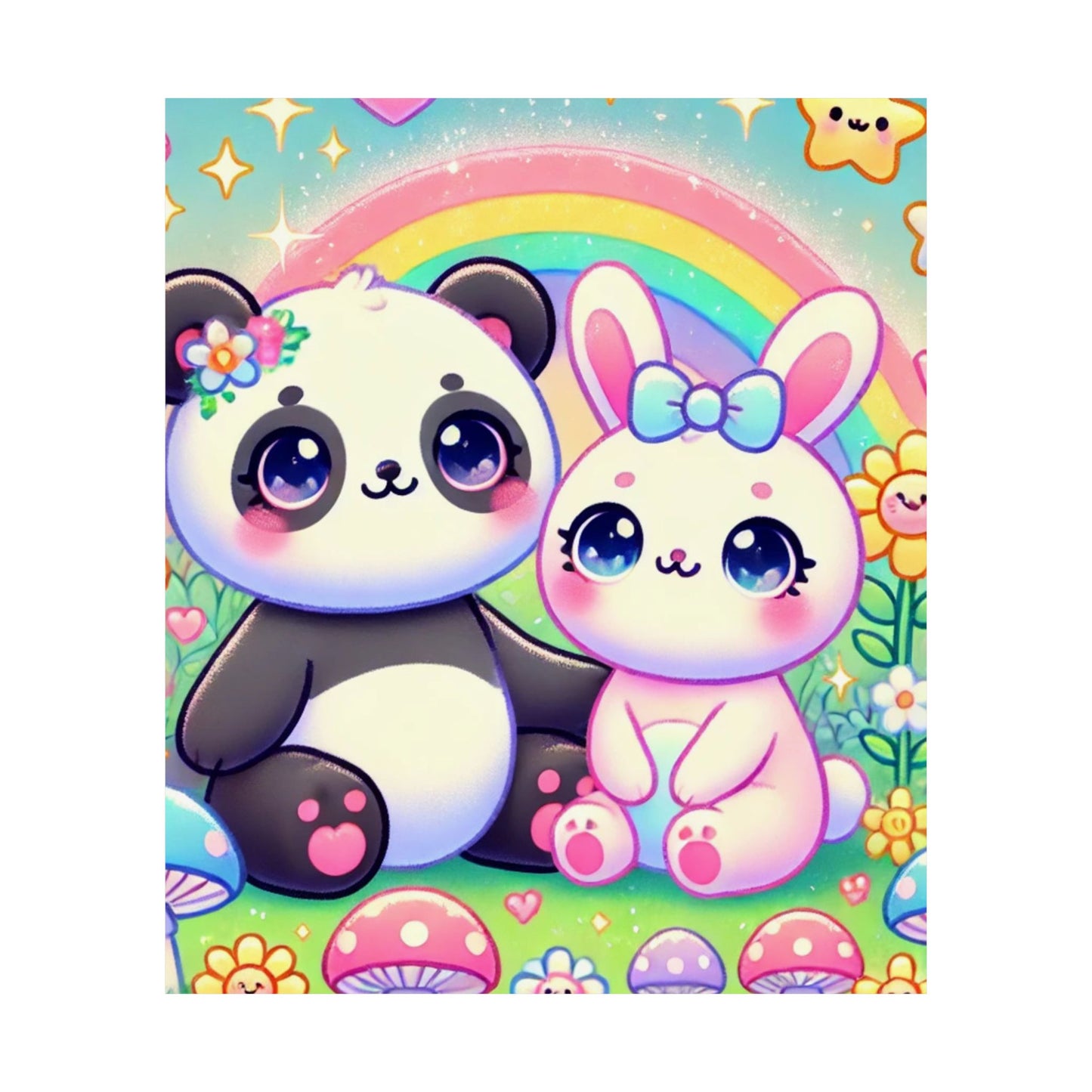 Pastel Panda and Bunny Rainbow Garden Wall Art Poster