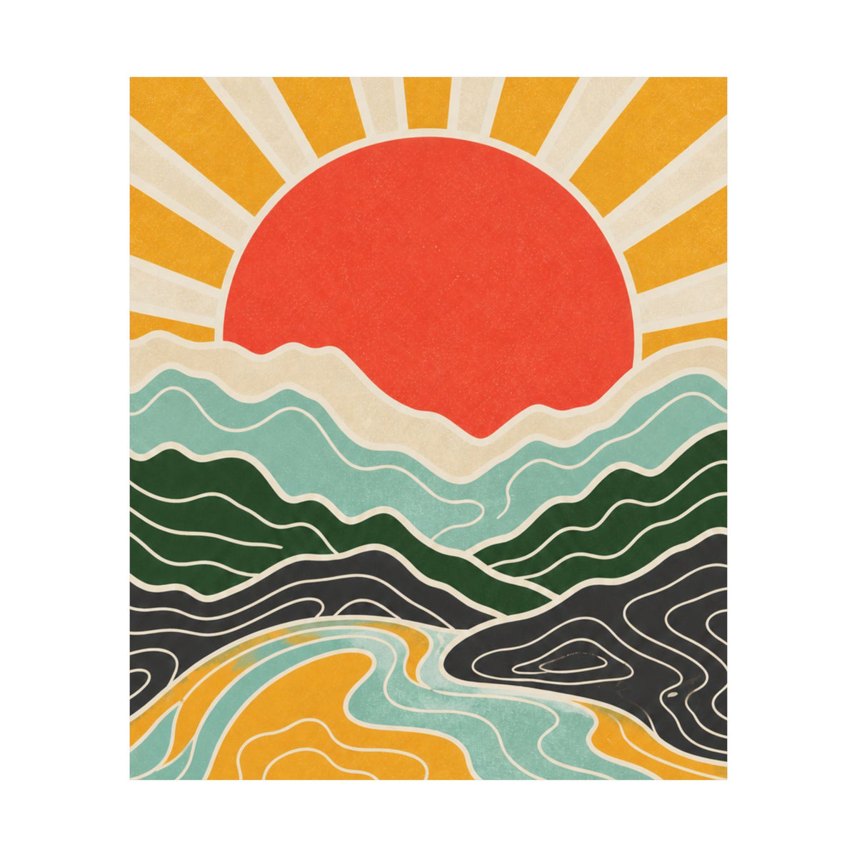 Topographic Sunrise Mid Century Mountain Art Poster